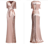 V-neck Elegant Half-Sleeve Evening Dress Bow Waist Formal Women Long Dress Satin & Sequins Prom