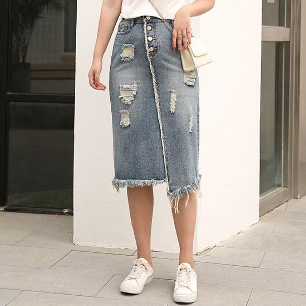 Women Denim Irregular Ripped Hole Midi Long Jeans Maxi Skirt