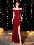 Custom Off-shoulder Spaghetti Strap Evening Dress Split Floor-length Formal Dress Party Vestidos Shining Sequins Robe Long Gowns