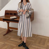 Autumn Casual Elegant Office Lady Shirt Dress Lapel Long Sleeve Striped Midi Dress With Belt
