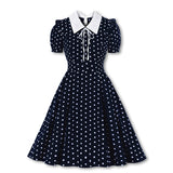 Blue Green Vintage Retro Chiffon Party Women Dress Polka Dots Print Turn Down Collar With Bow Rockabilly A Line Party Sundress