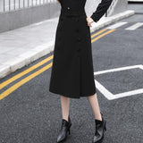 Long Women Black Khaki Woolen A-Line Autumn Thick Button Office Ladies Korean Suit Skirt