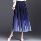 Summer Gradient Pattern A-line Pleated Long Women Tulle Skirt Streetwear Elegant Elastic Waist Midi Skirt