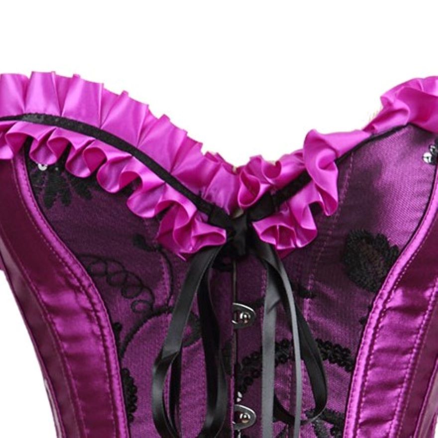 Women Sexy Satin Floral Lace Up Overbust Corset Showgirl Waist Cincher Body Shaper Corset Bustier Lingerie Top Purple Plus Size