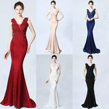 Green V-neck Appliques Beading Long Satin Evening Dress See-through Back Elegant Evening Party Dress