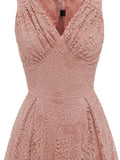 V-Neck High Waist Vintage Clothes Women Pink Lace Pleated Midi Dress Sleeveless Summer Elegant Party Ladies Dresses