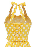 Polka Dot Yellow 1950s Vintage Pinup Belt Pleated Dresses for Women Halter Neck Corset Evening Party Cotton Dress