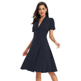 Retro Single Breasted Ruched V Neck Elegant Party Midi Women Rockabilly Vintage Swing Dress