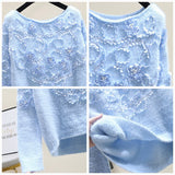 Autumn Long Sleeve O-Neck Beaded Floral Casual Loose Mohair Knit Sweater Pullover