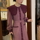 Frill Edge Peter Pan Collar Contrast Trim Long Sleeve Dress Elegant Vintage Corduroy Midi Dress With Belt