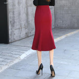 Women High Waist Trumpet Summer Mid-length Solid Color Bag Hip Ruffle Hem Vintage Korean Skirt