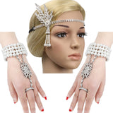 1920s Flapper Pearl Headband Bracelet Ring Inspired Leaf Simulated Jewelry Set