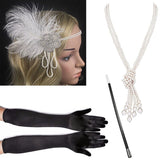 4 Pcs/Set 1920s Great Gatsby Party Costume Accessories Set Flapper Feather Headband Pearl Necklace Gloves Cigarette Holder