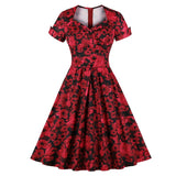 Button Front High Waist Wrap Red Flower Floral Elegant Dress Midi Pleated Women Retro Vintage Dresses