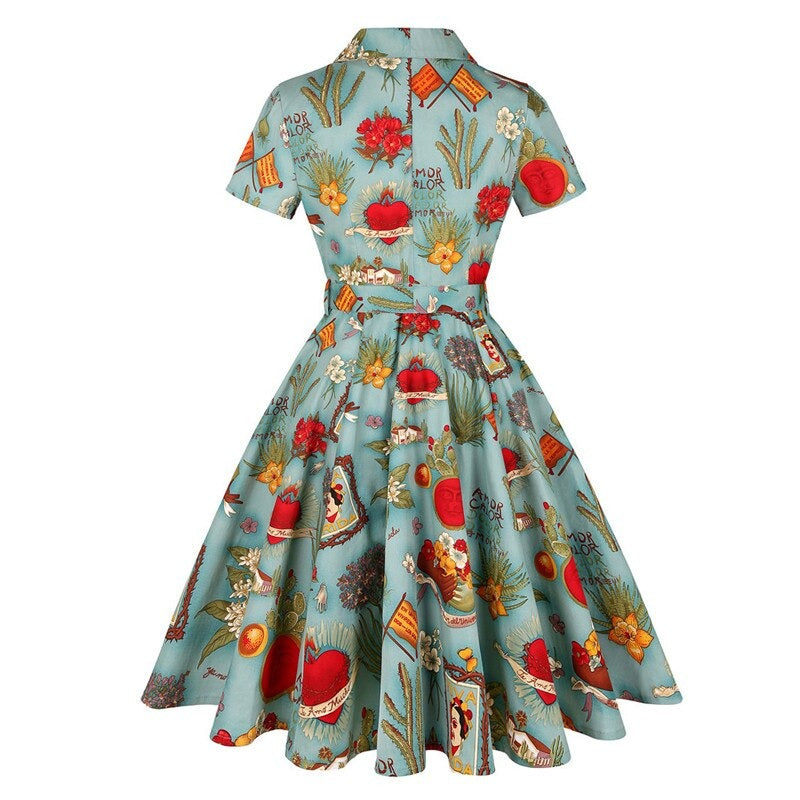 1950s Style Cactus Print Vintage Button Up Cotton Rockabilly Women Elegant Short Sleeve A-Line Retro Dresses