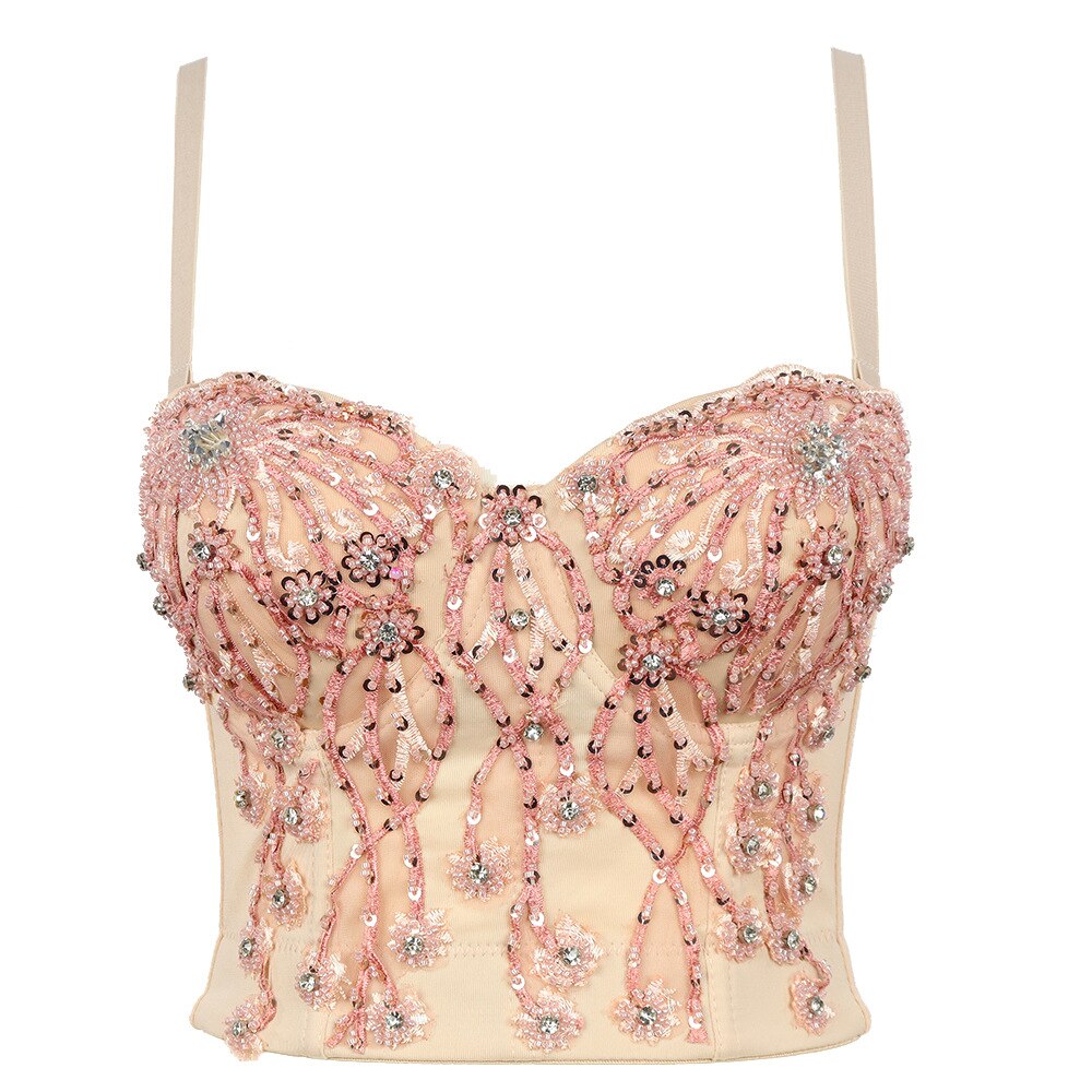 Summer Sexy Beaded Sequins Rhinestone Corset With Cup Party Short Women Cami In Bra Cropped Crop Top Push Up Breast