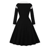 Long Sleeve Button Front Contrast Notched Neck Stripe Midi Elegant Black Swing Dress