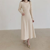 Autumn Winter Sweater Dresses Crew Neck Long Sleeve Casual Midi Dress Solid A Line Ribbed Knitted Dress