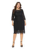 Black Formal Lace Dress Women O-neck Plus Size 6XL Elegant Red Cut Out Lace Vestioes Three Quarter Sleeve Party Evening Dresses