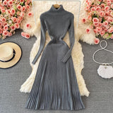 Autumn Winter Warm Turtleneck Sweater Dress Women Long Sleeve Casual Ribbed Knitted Midi Dress Elegant Pleated Dress