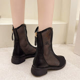 Sexy Black Mesh Hollow Out Cool Boots Women PU Leather Zipper Summer Round Toe Square Heels Ladies Shoes