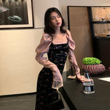 2021 Autumn Vintage Floral Dress Women Casual Korea Fashion Backless Elegant Dress Lady Long Sleeve Evening Party Dress Bandage