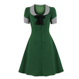 2021 Vintage Green A-Line Midi Dress Square Neck Single-Breasted Bow Elegant 50s Style Women Short Sleeve Pinup Tunic Dresses