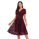 2021 V Neck Elegant Burgundy A Line Lace Midi Swing Dress Office OL Women Summer High Waist Vintage Style Party Sundress Clothes