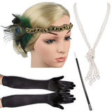 4 Pcs/Set 1920s Great Gatsby Party Costume Accessories Set Flapper Feather Headband Pearl Necklace Gloves Cigarette Holder