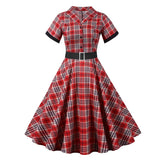 Turn Down Collar Button Up Plaid Vintage Short Sleeve Summer Women Casual A-Line Belted Swing Dresses