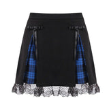 Blue Black Plaid Lace skirts Womens Girls Y2K Summer Vintage Kawaii Streetwear Cute Mini Pleated Skirt Gothic Hippie Kawaii Goth