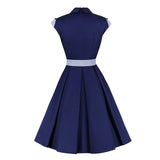 2021 Peter-Pan Collar Bow Elegant Women 50s Pin Up Vintage Pleated Dress Navy Blue Solid Sleeveless Summer Belted Cotton Dresses