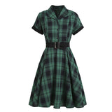 50s Style Vintage Green Plaid Pinup Swing Button Up Short Sleeve Belted Elegant A Line Retro Dress