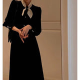 Autumn Women Elegant Midi Dress A-Line Bow Collar Long Sleeve Pearl Buttons Casual Party Dress