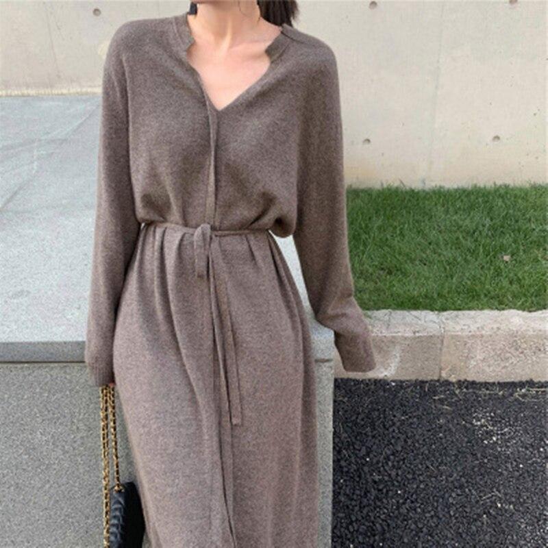 2021 Vintage Women Knitted Dress Autumn Winter Brief V-neck Warm Drawstring Lace-up Loose Midi Female Sweater Dress