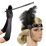 1920s Flapper Accessories Feather Headband Gloves Cigarette Holder 3 Pack Great Gatsby Party Costume Accessories Set for Women