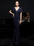 Elegant Evening Dress New Women Sliver Sequin Dress V Neck Beaded Party Maxi Dress