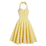 2021 Vacation Women Summer Dress Sexy Backless Party Halter Neck Yellow Plaid 50s Vintage High Waist Ladies Swing Dresses