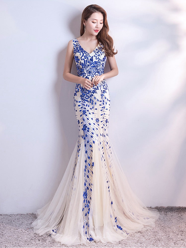 Sleveless Evening Elegant Mermaid Formal Dress Tull Sequind Prom Gown Lace Long Party Dress
