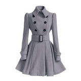 Women Vintage Woolen Coat Winter Warm Windbreaker England Fashion Black Swing Hem Belt Slim Elegant Retro White Wool Overcoat