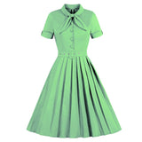 Vintage Style Bow Tie Neck Button Up Elegant Midi Pleated Summer Belted Pinup 50S Solid Dress