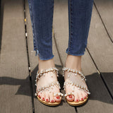 Fashion Rhinestone Women Ladies Bead Studded Detail Flat Sandals Peep Toe Casual Shoes