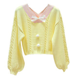 Korean Kawaii White Knitted Sweater Girls Sweet V Neck With Bow Vintage Pullover Femme Long Sleeve Knitwear Crop Top Pink Jumper