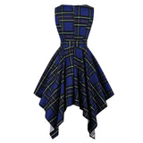 Vintage Tartan Red Plaid Elegant Party Asymmetrical Long Women Sleeveless Summer Belted High Waist Midi Dress