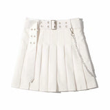 Women High Waist Belt Solid JK Pleated A-Line Mini Skirts Cool Style Chain Zipper Skirt Streetwear