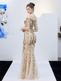 Off-the-shoulder Evening Tulle Sequins Short-Sleeve Mermaid Formal Dress Gown