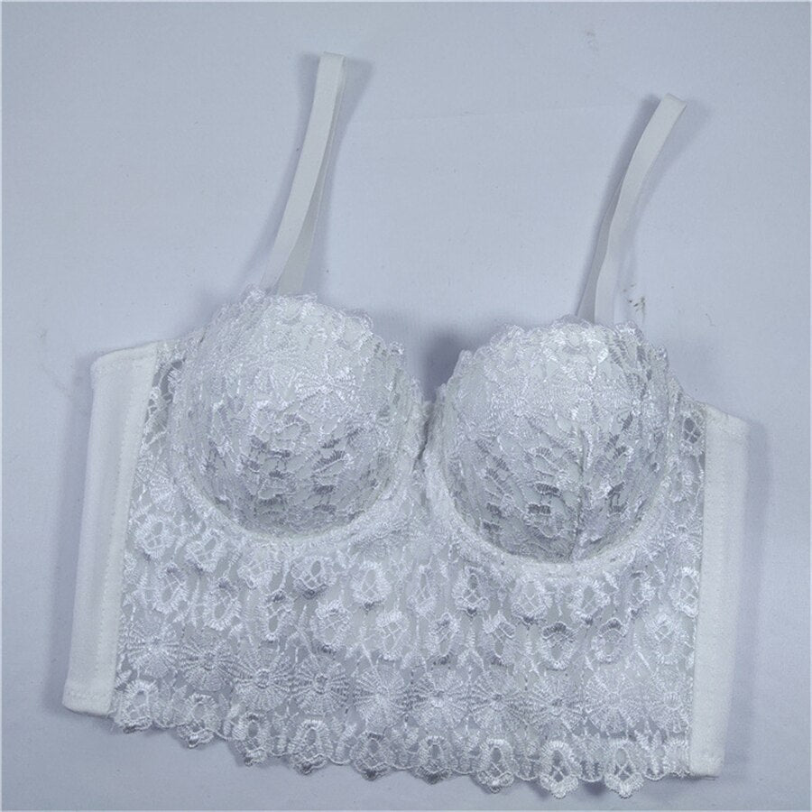 Women Top With Cup Sexy Embroidery Lace Cropped Short Night Club Party Corset Crop Top Push Up Bustier Camisole Built in Bra