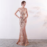 V-neck Backless Evening Dresses Embroidered Tulle Formal Dress Sexy High Split Women Formal Gown Gold Long Robe Sleeveless Dress