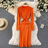 Autumn Winter Elegant Crew Neck Long Sleeve Ribbed Knitted Dress Solid Sexy Bodycon Midi Dress