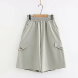 2021 Button Front School Women Wide Leg Shorts Skirts Korean Style Casual Loose Solid Elastic Waist Streetwear Flare Short Pants